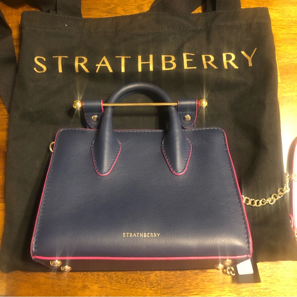 Strathberry Navy Leather Mini Top-Handle Crossbody with Pink Trim - Picture 6 of 16